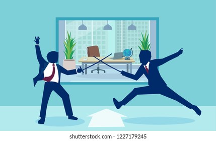 Vector image of businessmen in rivalry fighting with swords in office