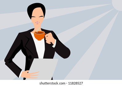 vector image of businesswoman with paper and cup of tea