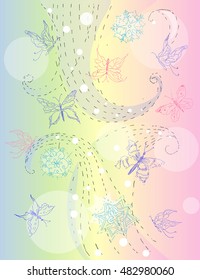 Vector image of butterflies and snowflakes. Sketch of hands. Can be used for creating greeting cards, websites, packaging, textiles, decoupage.