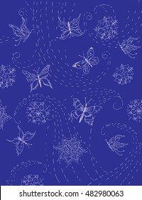 Vector image of butterflies and snowflakes. Sketch of hands. Can be used for creating greeting cards, websites, packaging, textiles, decoupage.