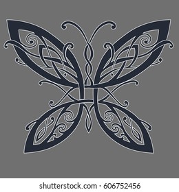 Vector image of a butterfly in a Celtic style. Isolated black and white drawing with a white stroke on a gray background.