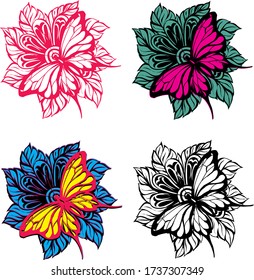 Vector image of a butterfly on a flower in four color options.
