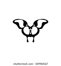 Vector image of a butterfly. Two kissing faces. The reflection of the people in the wings of the insect. Icon and tattoo. Silhouette and animal lovers