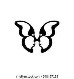 Vector image of a butterfly. Two kissing faces. The reflection of the people in the wings of the insect. Icon and tattoo. Silhouette and animal lovers