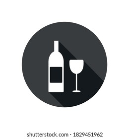 Vector image. Button for a bottle of wine and a glass. Black button with white pictogram.