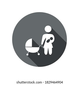 Vector image. Button of a woman with a baby and a baby carriage. Black button with white pictogram.