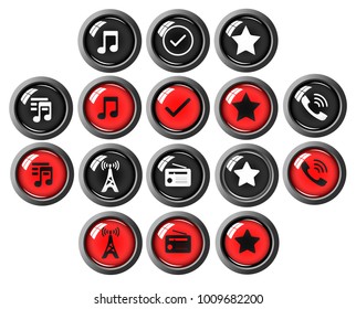 Vector image buttons, icons on theme music, broadcast, stars, tick