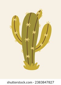 Vector image of a cactus. Children's colorful illustration on the theme of the Wild West for posters and prints. Retro drawing.
