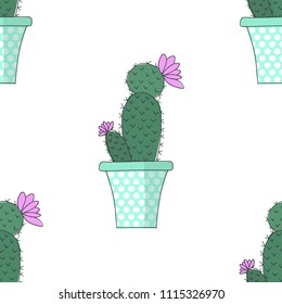 Vector image of a cactus in a flowerpot. Seamless pattern.