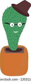 Vector image of a cactus in an orange pot. Cactus in a hat and glasses is perfect for printing and as a print on textiles