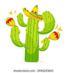 Vector image of a cactus in a sombrero playing maracas in a cartoon style.