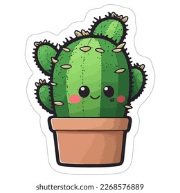 A vector image of a cactus sticker, perfect for adding a touch of desert flair to any project. This fun and playful design features a cute cartoon cactus with vibrant green coloring and a smiling face