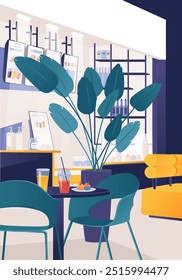 Vector image of cafe with modern interior. Illustration is suitable for use in promotion, cafe presentations, website design or applications related to restaurant business or interior solutions.