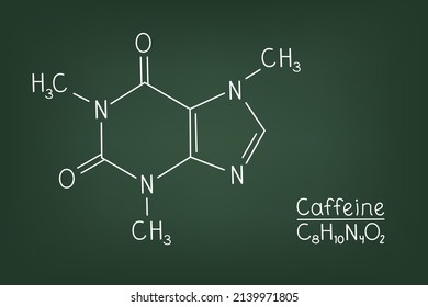 Vektorbild der Koffeinformel auf einer grünen Tafel. Das Symbol ist ein Purin-Alkaloid.