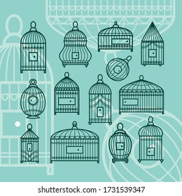 Vector image of cages. Set of different designs of isolated birdcages.