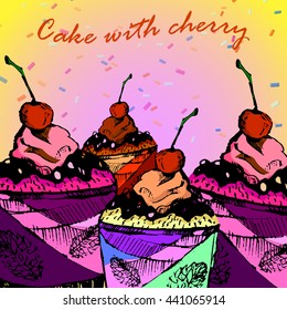 Vector image of a cake with cherry and cup with cream on background with colored powder.