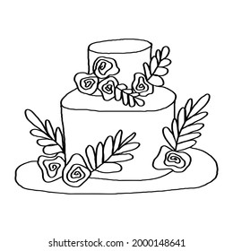 Vector image of a cake for the holidays with decorations of flowers and plants. Black outline. Hand-drawn. Design of posters, postcards, invitations, wedding design, holidays, decorations.