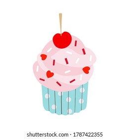 Vector image of a cake. Illustration of a cute kind hand drawn cupcake in flat childish style. Muffin with cream topping and cherry. Homemade cake with beautiful colorful delicate bright decor. 