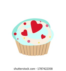 Vector image of a cake. Illustration of a cute kind hand drawn cupcake in flat childish style. Muffin with cream topping. Homemade cake with beautiful colorful delicate bright decor. 