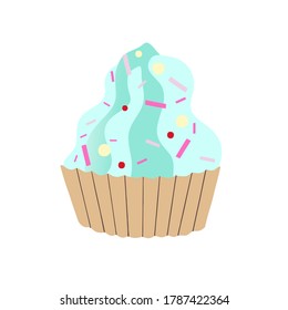 Vektorbild eines Kuchens. Illustration eines süßen handgezeichneten Kuchen im flachen kindlichen Stil. Muffin mit cremefarbenem Teller. Hausgemachter Kuchen mit schöner bunter, zarter und heller Dekoration. 