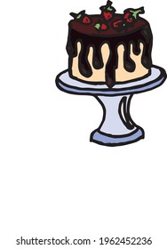 vector image of a cake on a plate, poured with chocolate and decorated with strawberries