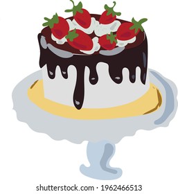 vector image of a cake on a plate poured with chocolate and strawberries
