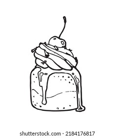 imagen vectorial de un pastel con cubierta decorada con crema batida y cereza de cóctel, gráficos en blanco y negro, símbolo de postre para pegatina, colorante, menú