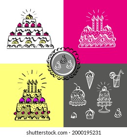 vector image of cakes and sweets in the sketch style