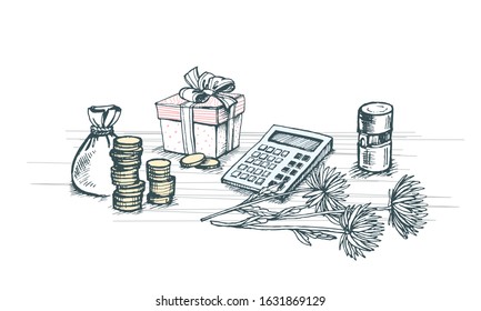 Vector image of a calculator, flower, bag with coins and columns of coins along with the seal.