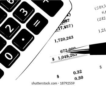 Vector image of calculator and pen on spreadsheet in black and white