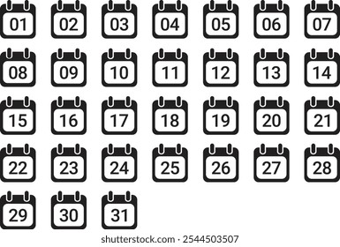 Vector image of calendar icons representing days of the month, from 1 to 31, in black and white minimalist style, with each day shown on individual calendar icons