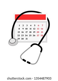 Vector image of a calendar and a stethoscope - doctor or medical specialist appointment, patient waiting times or lists, consultations and check-ups