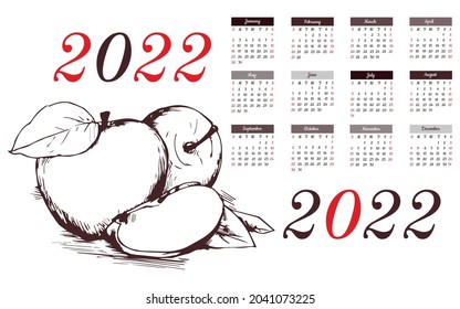 plantilla de calendario de imágenes vectoriales para el año 2022 con esbozo vectorial y manzana