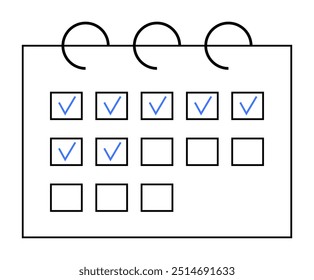 Una Imagen de Vector de un calendario con tres anillos aglutinantes, mostrando una cuadrícula de fechas. Siete fechas están marcadas con marcas de verificación azules. Ideal para planificación, programación, productividad, organización, seguimiento.