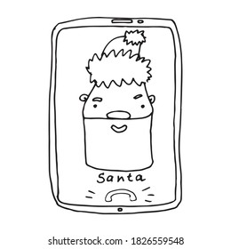 Imagen vectorial. Llama a Santa Claus por teléfono. Líneas en papel sobre fondo blanco.