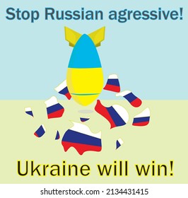 Vector image with a call to stop Russian aggression. Yellow and blue background. Ukrainian rocket breaks Russia's flag  into small pieces.