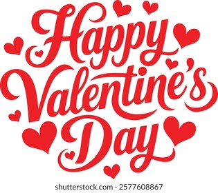 A vector image of a calligraphic typography design that says "Happy Valentine's Day". The text is in red and is surrounded by pink hearts. The background is white.