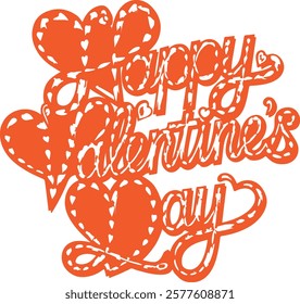 A vector image of a calligraphic typography design that says "Happy Valentine's Day". The text is in red and is surrounded by pink hearts. The background is white.