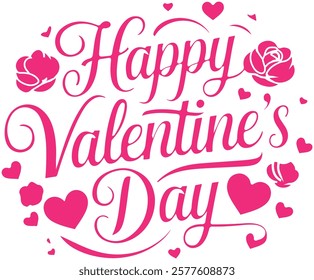 A vector image of a calligraphic typography design that says "Happy Valentine's Day". The text is in red and is surrounded by pink hearts. The background is white.