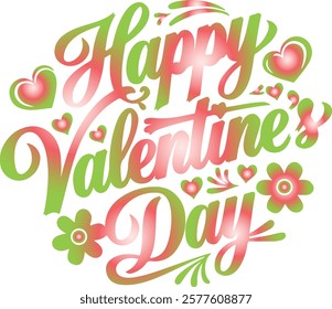 A vector image of a calligraphic typography design that says "Happy Valentine's Day". The text is in red and is surrounded by pink hearts. The background is white.