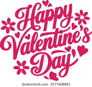 A vector image of a calligraphic typography design that says "Happy Valentine's Day". The text is in red and is surrounded by pink hearts. The background is white.