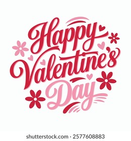 A vector image of a calligraphic typography design that says "Happy Valentine's Day". The text is in red and is surrounded by pink hearts. The background is white.