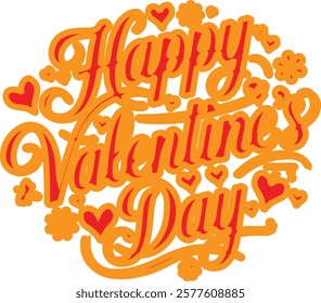 A vector image of a calligraphic typography design that says "Happy Valentine's Day". The text is in red and is surrounded by pink hearts. The background is white.