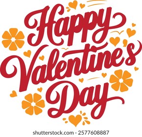 A vector image of a calligraphic typography design that says "Happy Valentine's Day". The text is in red and is surrounded by pink hearts. The background is white.