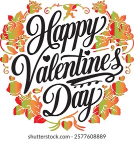 A vector image of a calligraphic typography design that says "Happy Valentine's Day". The text is in red and is surrounded by pink hearts. The background is white.