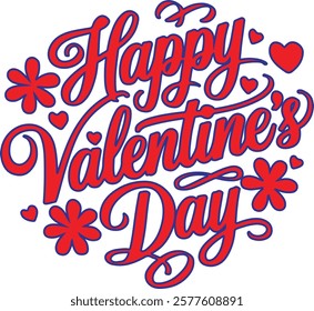 A vector image of a calligraphic typography design that says "Happy Valentine's Day". The text is in red and is surrounded by pink hearts. The background is white.