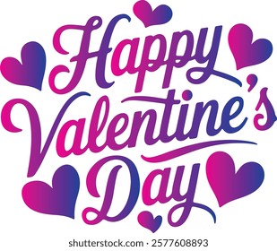 A vector image of a calligraphic typography design that says "Happy Valentine's Day". The text is in red and is surrounded by pink hearts. The background is white.