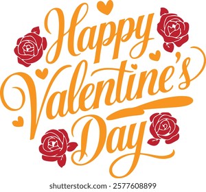 A vector image of a calligraphic typography design that says "Happy Valentine's Day". The text is in red and is surrounded by pink hearts. The background is white.