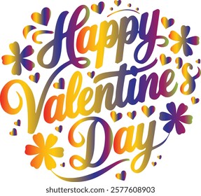 A vector image of a calligraphic typography design that says "Happy Valentine's Day". The text is in red and is surrounded by pink hearts. The background is white.