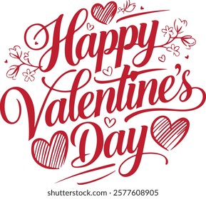 A vector image of a calligraphic typography design that says "Happy Valentine's Day". The text is in red and is surrounded by pink hearts. The background is white.